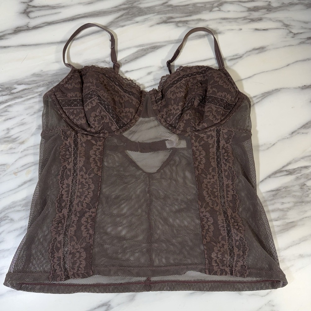 Gilligan & O'Malley Bustier Corset Top‎ Brown Lace Sz 34C Sheer Fairy Whimsigoth